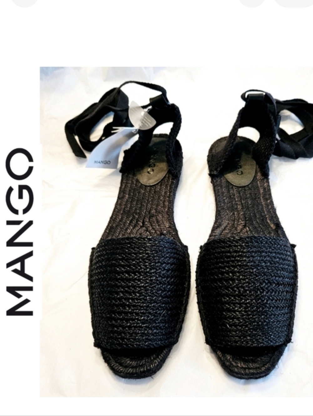 Mango Black Woven Jute Espadrille Shoes Lace Up Flat Sandals Size 9 / 40 NWT
